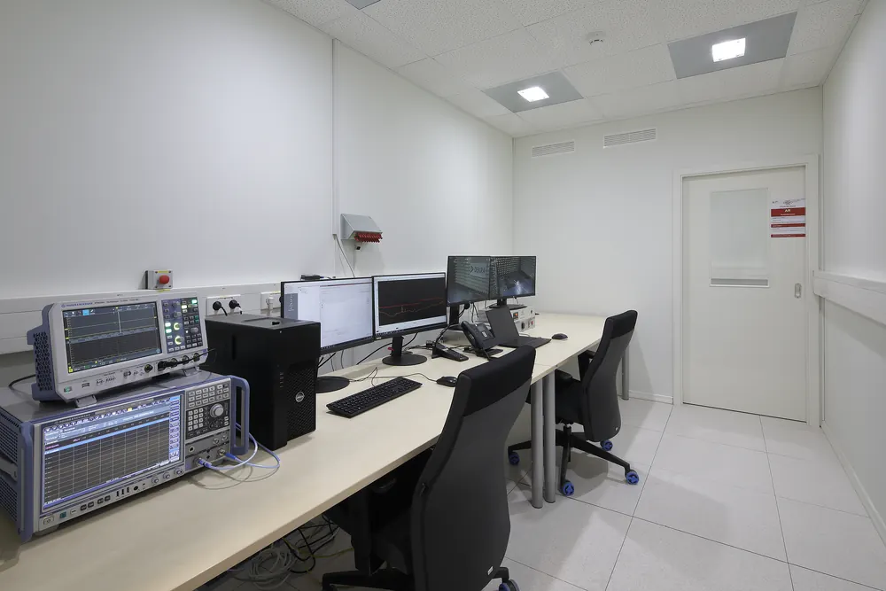 Measurement instruments on a control desk used for shielding effectiveness testing