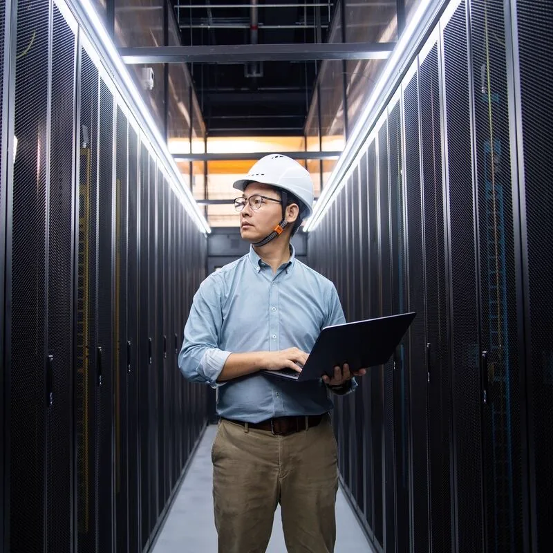 Engineer inspecting racks inside a protected server aisle