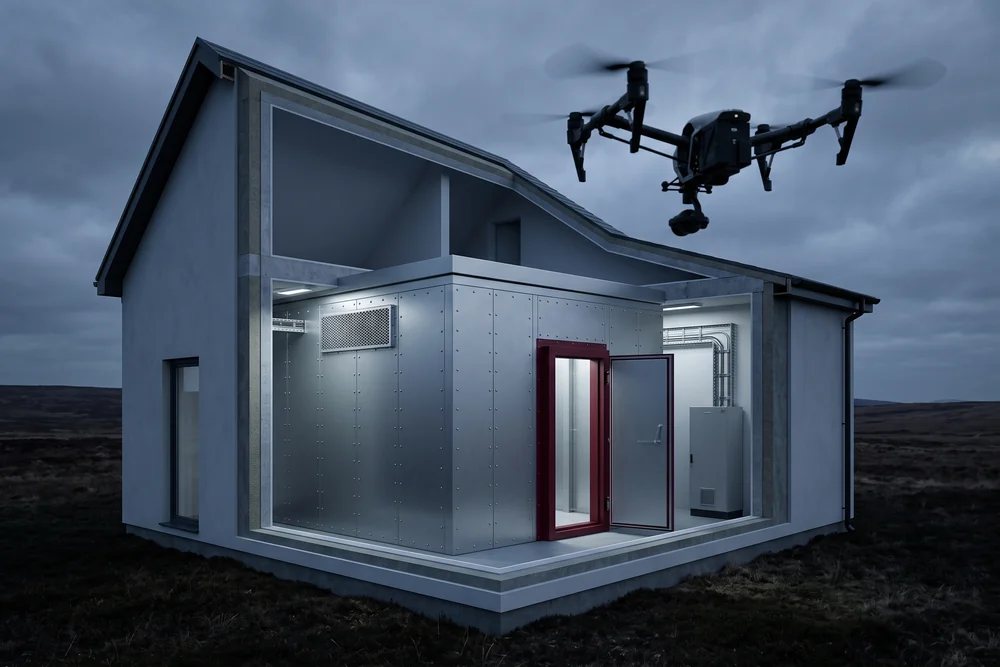 Cutaway of a house at dusk, opened to show the steel RF-shielded room built inside it while a drone hovers outside