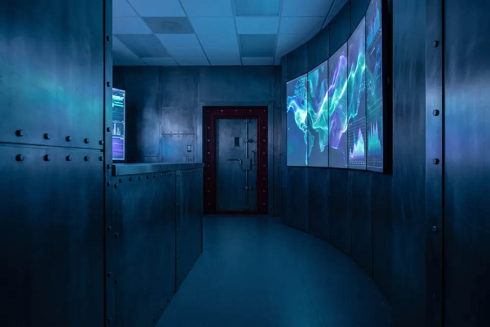 Dark shielded command room with wall displays and a heavy RF door