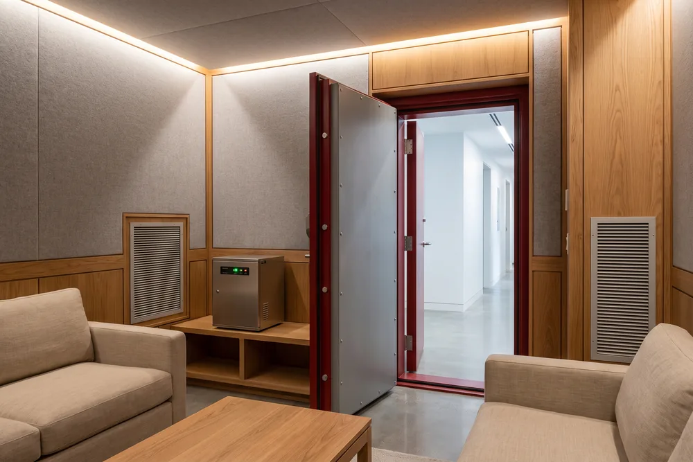 Residential safe room with a shielded steel door opening onto a bright hallway