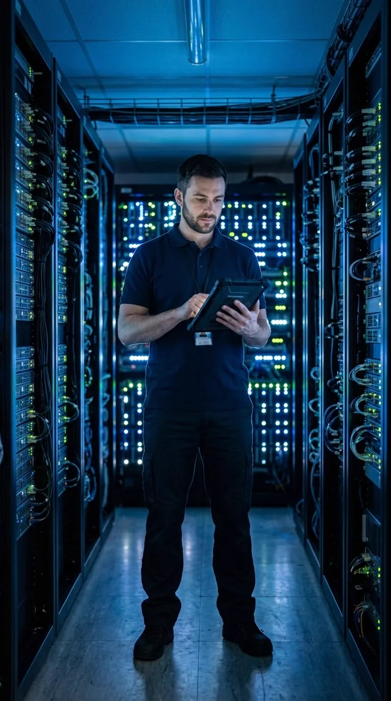 Technician verifying systems inside the data hall